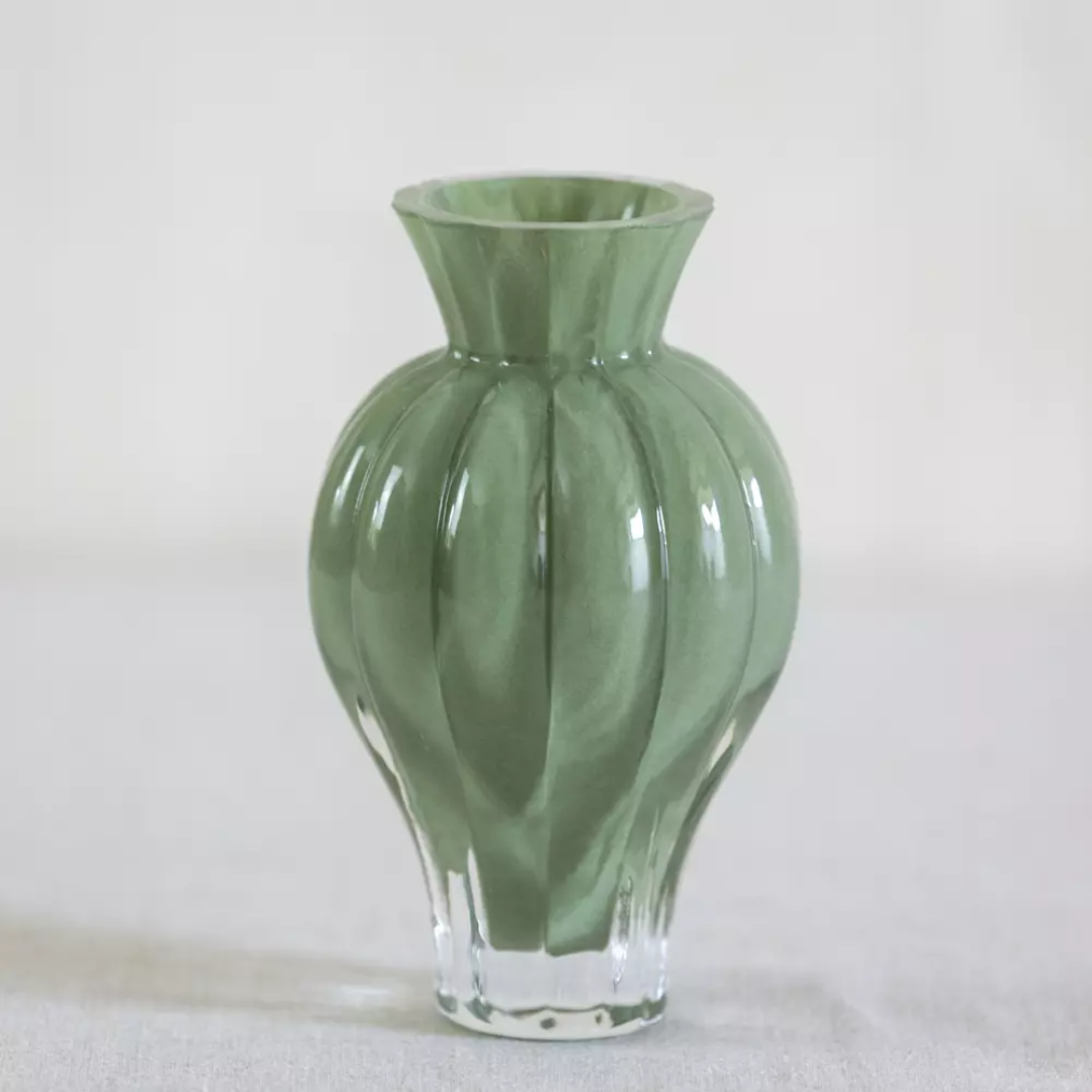 Green Ribbed Glass Posy Vase