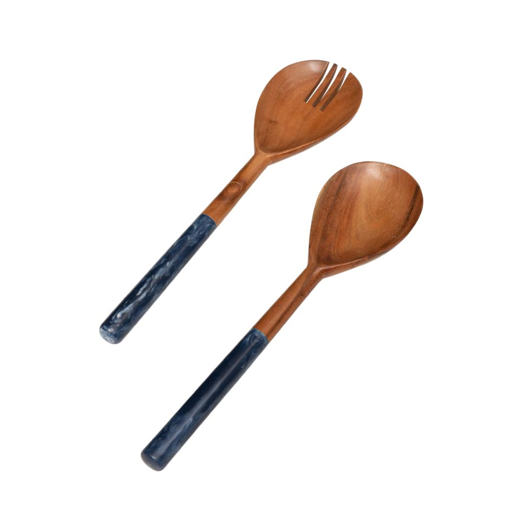 Wooden Salad Servers with Blue Handles