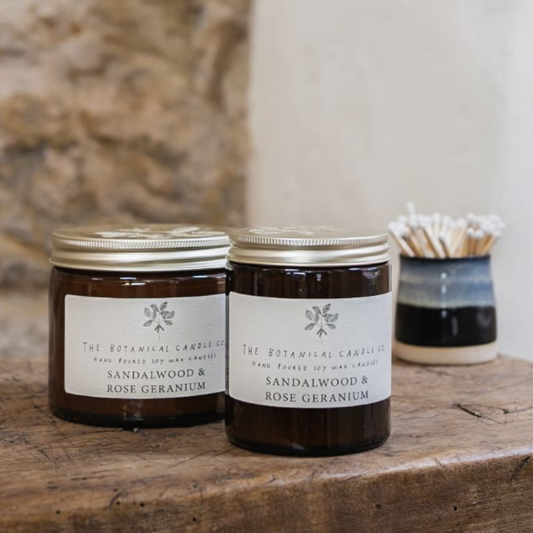 Sandalwood & Rose Geranium Scented Soy Botanical Candle