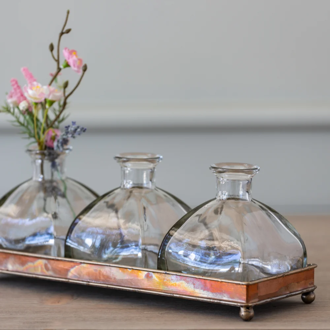 Copper Tray with 3 Glass Bottles