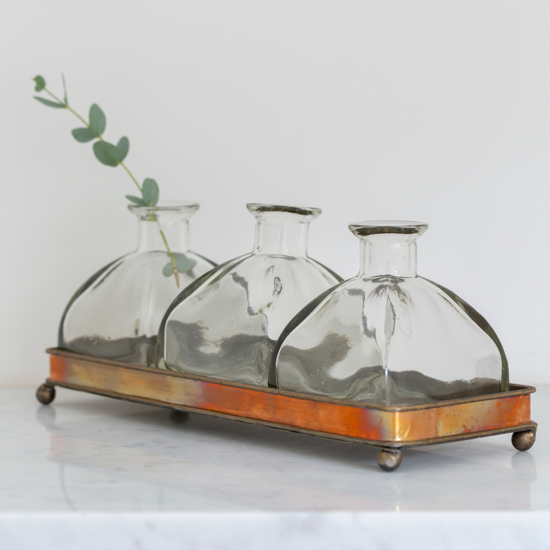 Copper Tray with 3 Glass Bottles